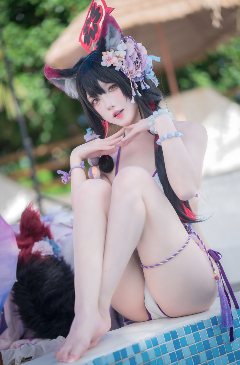 阿包也是兔娘 蔚蓝档案 狐坂若藻 水着美丽的女生cos图片